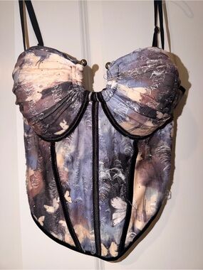 Marble-Print Bustier Bodysuit in Blue, Purple & Cream - Unbranded